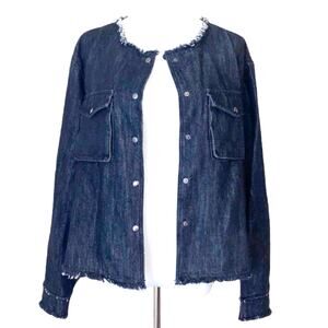 POL Jean Jacket Denim Snap Button Boxy Dark Wash Raw Hem Size Small Women's